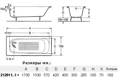 Фото: Чугунная ванна Roca Continental 7.2129.1.100.R белый Roca в каталоге